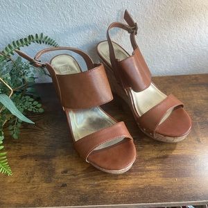 Material Girl - cork wedge - faux tan leather - size 9.5w